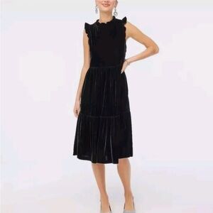 J. Crew Factory Tiered Velvet Midi Dress in Black 10P Sleeveless Ruffled Pockets